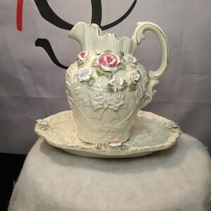 Vintage Victorian White Porcelain W/3 Dimensional Roses Pitcher & Platter Set 8”